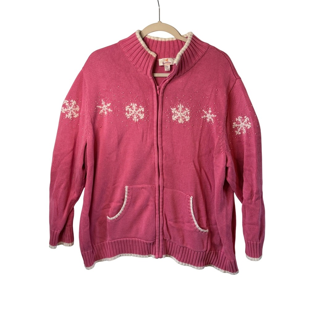 VTG Quacker Factory Zip Cardigan Pink Snowflake Grandmacore Bead Cotton 2X Women